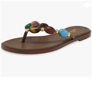 miss left Saddle Brown Jewelled Strap Open Toe Flip Flops Comfortable Sandals